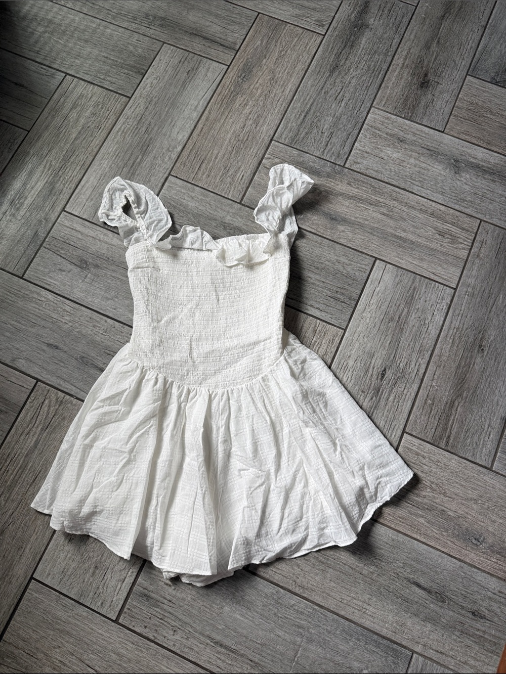 White Ruffle Strap Smocked Mini Dress